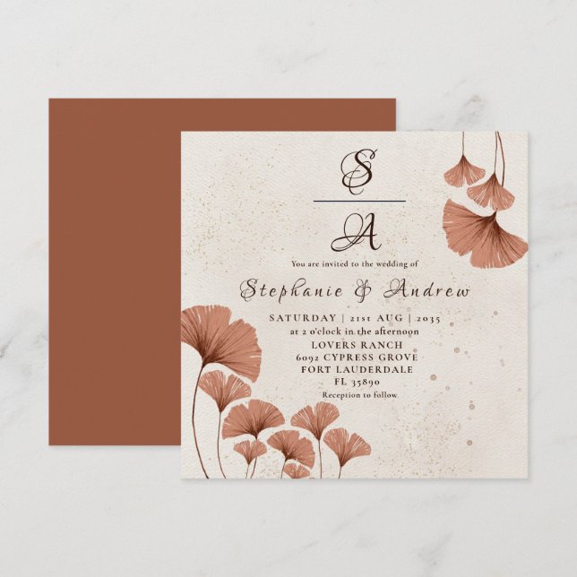 Invitación Boda de follaje de Rustic Terracotta Ginkgo (Anverso / Reverso)