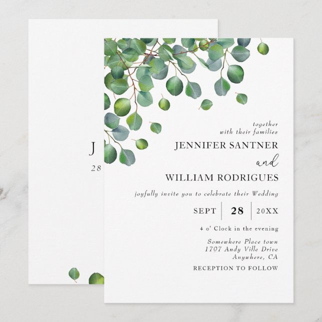 Invitación Boda de follaje del eucalipto verde del presupuest (Anverso / Reverso)