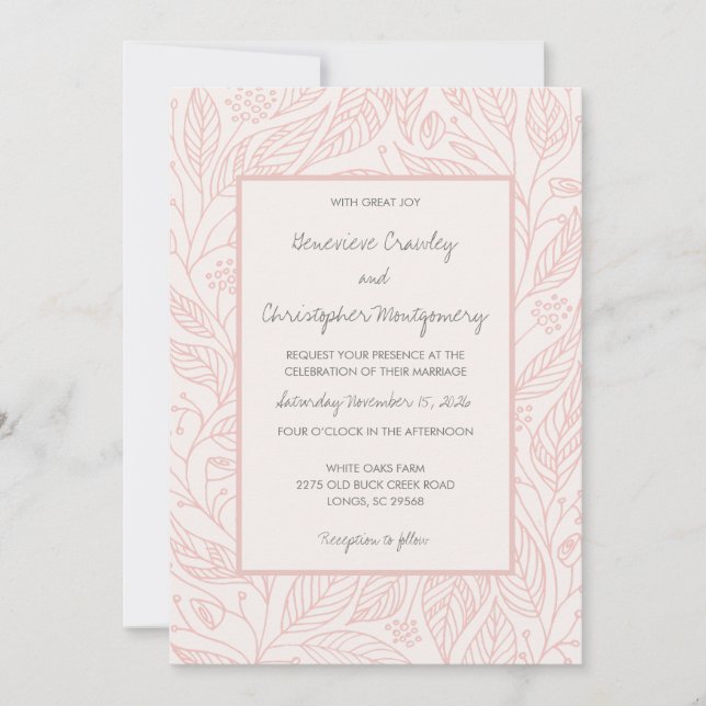 Invitación Boda de follaje dibujado a mano de Peach Whimsy (Anverso)