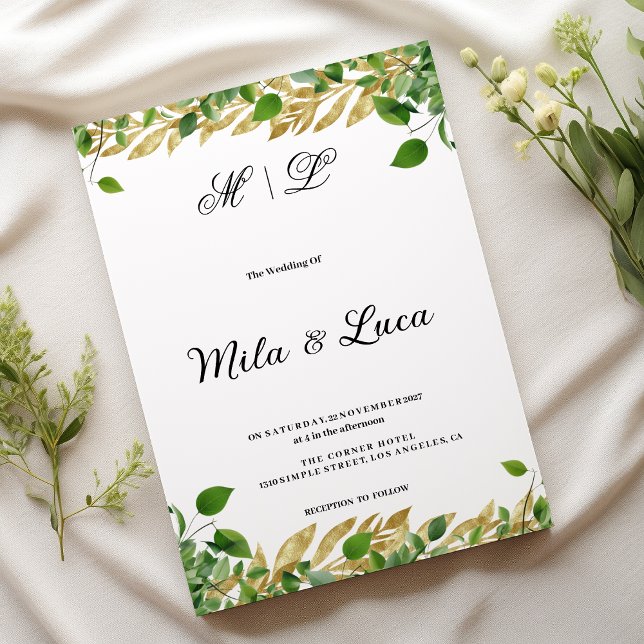 Invitación Boda de follaje dorado de vegetación botánica (Botanical greenery gold foliage Wedding )
