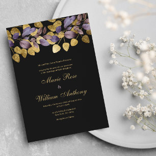 Invitación Boda de follaje dorado negro morado de lujo