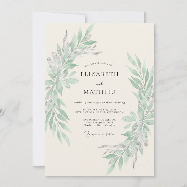 Invitación Boda de follaje etéreo verde salvia (Anverso)