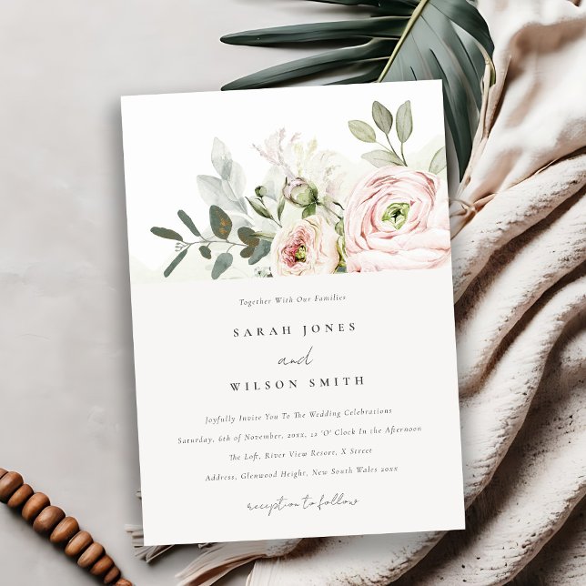 Invitación Boda de follaje Eucalyptus Pink Peonies Rubor Blan (Subido por el creador)