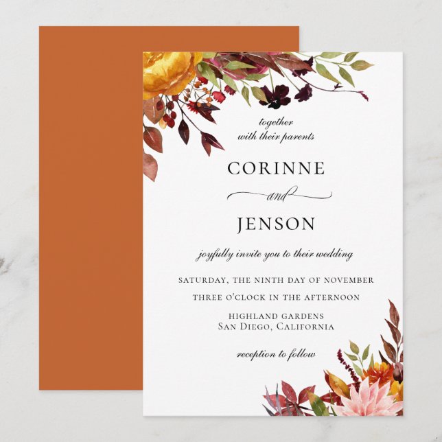 Invitación Boda de follaje floral de acuarela de otoño rústic (Anverso / Reverso)