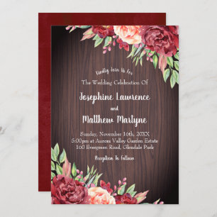 Invitación Boda de follaje floral de color burdeos rubio