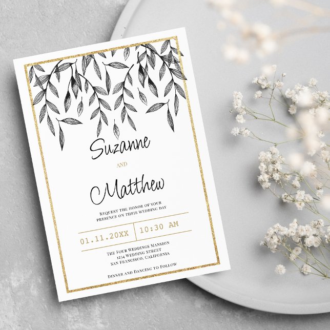 Invitación Boda de follaje floral de oro blanco negro simple (Simple black white gold floral foliage wedding)