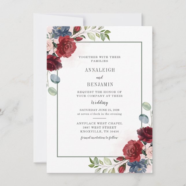Invitación Boda de follaje floral moderno y turbio azul borgo (Anverso)
