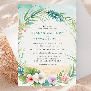 Invitación Boda de follaje floral tropical acuarela de playa