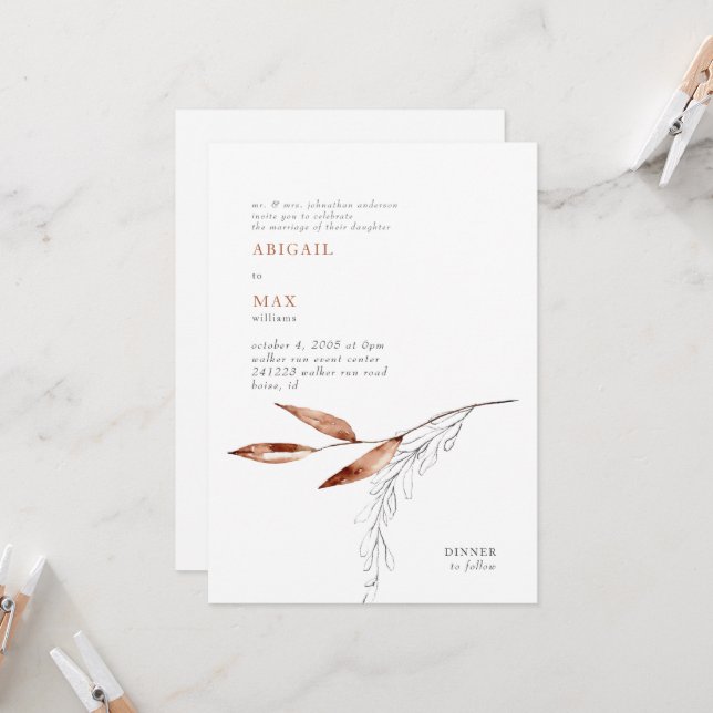 Invitación Boda de follaje moderno blanco y terracota (Anverso/Reverso In Situ)