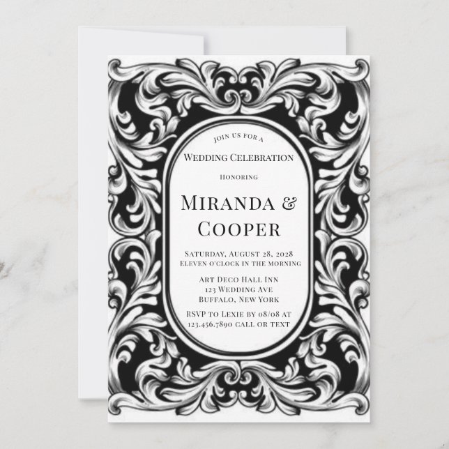Invitación Boda de follaje negro Art Deco (Anverso)