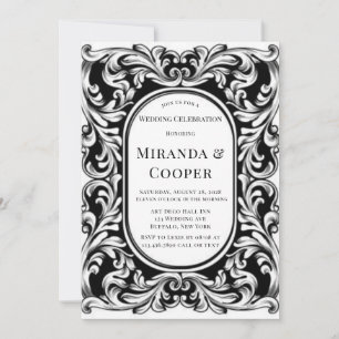 Invitación Boda de follaje negro Art Deco