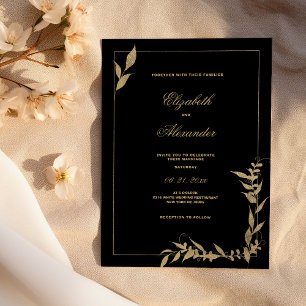 Invitación Boda de follaje negro y dorado de lujo