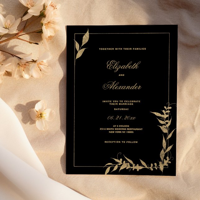Invitación Boda de follaje negro y dorado de lujo (Luxury black and gold foliage Wedding)