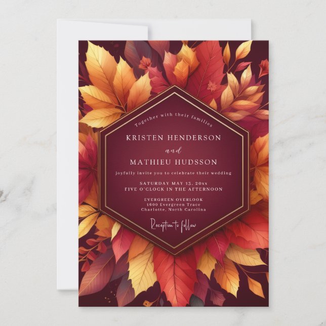 Invitación Boda de follaje otoñal borgoña (Anverso)