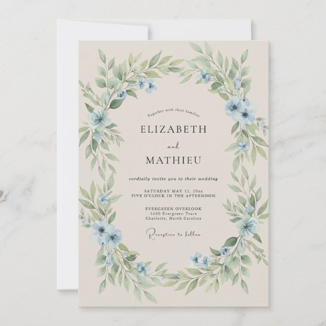 Invitación Boda de follaje pintado de azul (Anverso)