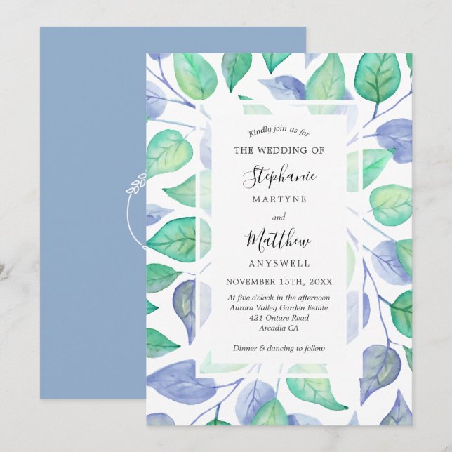 Invitación Boda de follaje pintado de color azul turbio (Anverso / Reverso)