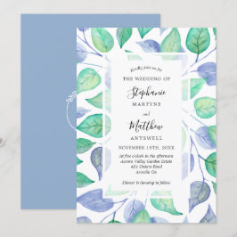 Invitación Boda de follaje pintado de color azul turbio