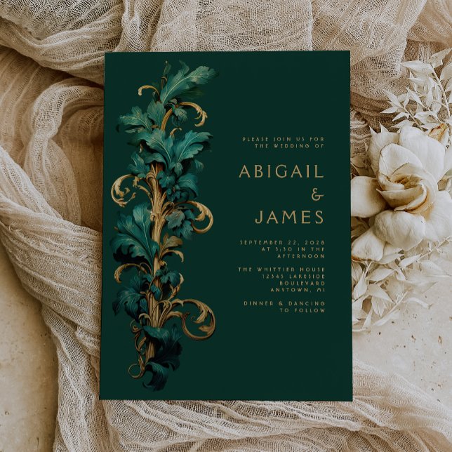 Invitación Boda de follaje rococo Ornate Emerald Green Gold (An ideal choice for an emerald green and gold vintage themed wedding.)