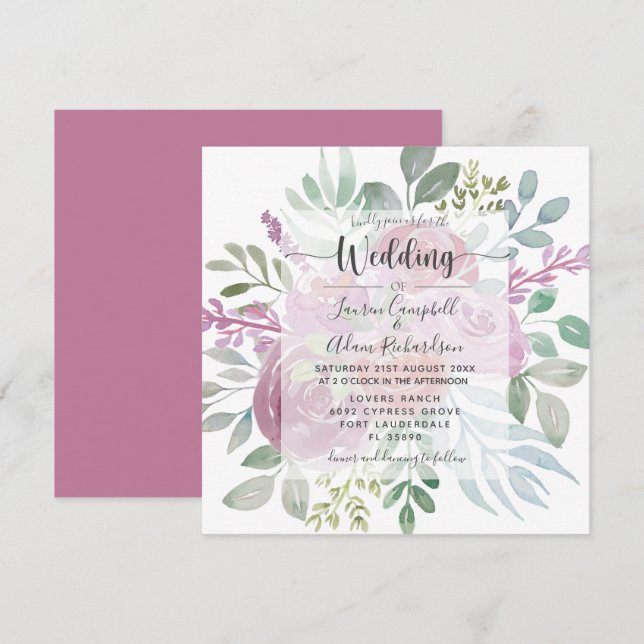 Invitación Boda de follaje rosado Floral Burgunday (Anverso / Reverso)
