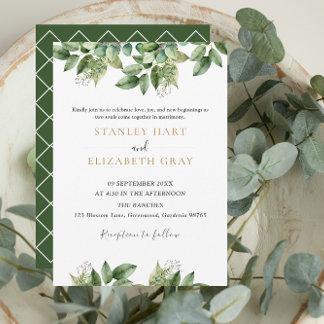 Invitación Boda de follaje Rústico Botánico Verde y Oro