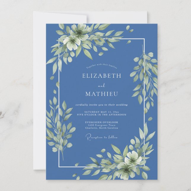Invitación Boda de Follaje Sereno Índigo (Anverso)