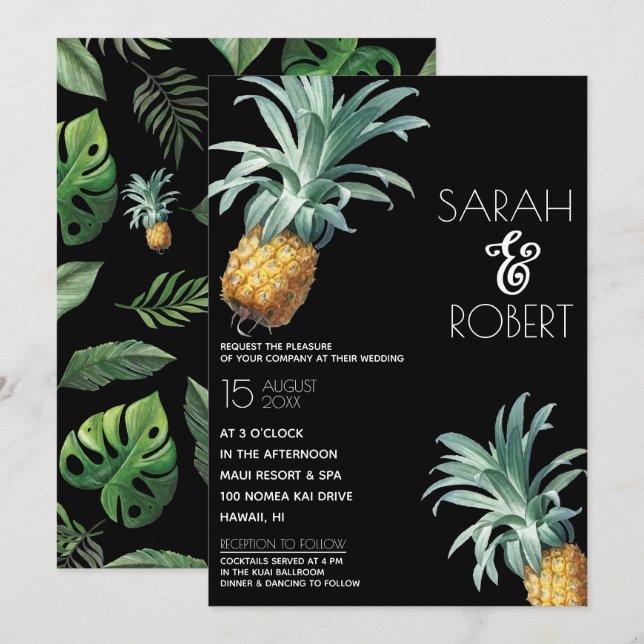 Invitación Boda de follaje tropical delgado de piña (Anverso / Reverso)