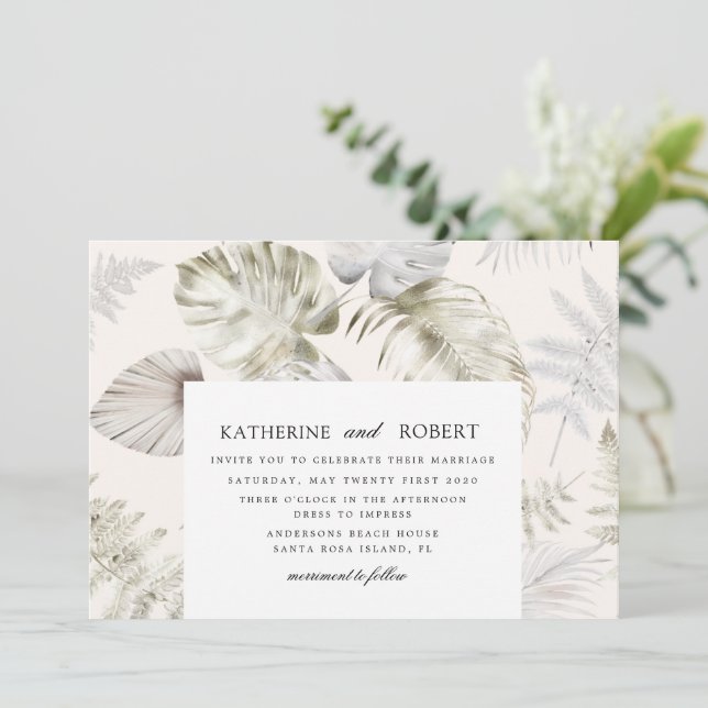 Invitación Boda de follaje tropical plateado de lujo (Anverso de pie)