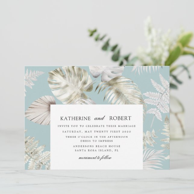 Invitación Boda de follaje tropical plateado de lujo (Anverso de pie)