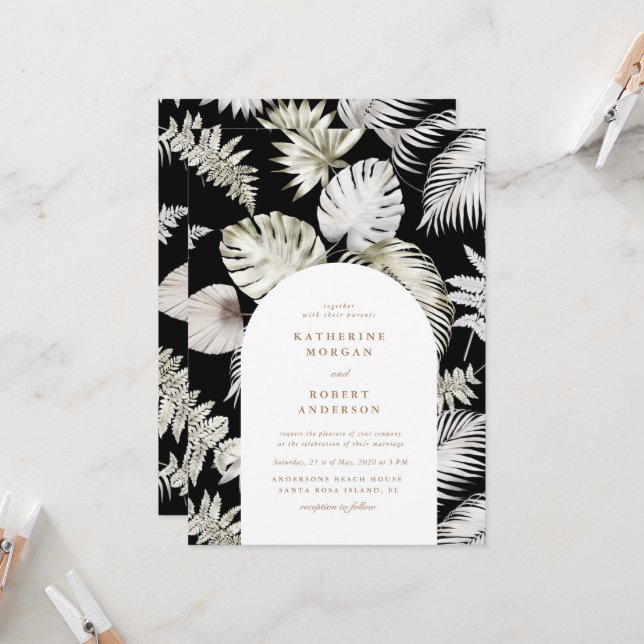 Invitación Boda de follaje tropical plateado de lujo (Anverso/Reverso In Situ)