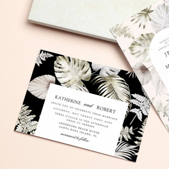 Invitación Boda de follaje tropical plateado de lujo (Subido por el creador)