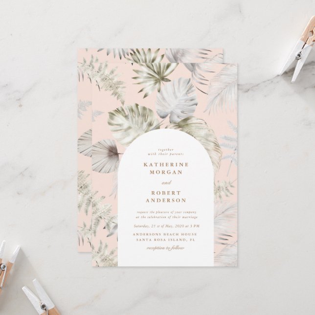 Invitación Boda de follaje tropical plateado de lujo (Anverso/Reverso In Situ)