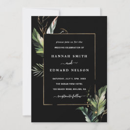 Invitación Boda de follaje tropical salvaje negro