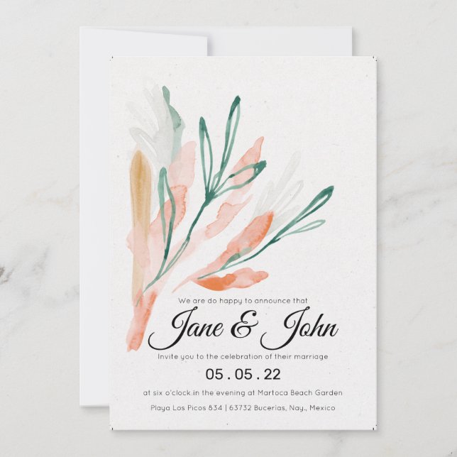Invitación Boda de follaje Velvet Jade Peach (Anverso)