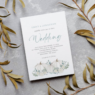 Invitación Boda de follaje Verde azulado de calabazas blancas