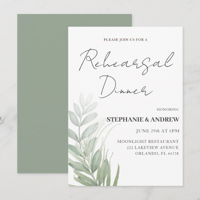 Invitación Boda de follaje verde de la cena de ensayo (Anverso / Reverso)