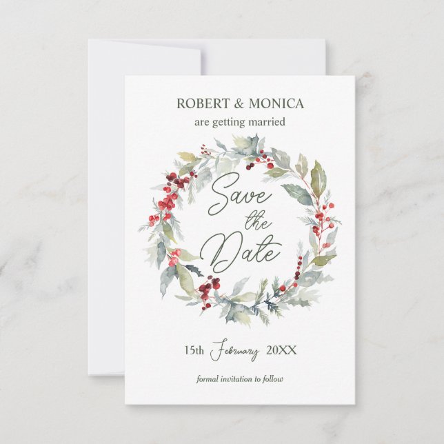 Invitación Boda de follaje verde de las Berries Rojas salva l (Anverso)