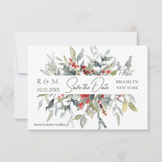 Invitación Boda de follaje verde de las Berries Rojas salva l (Anverso)