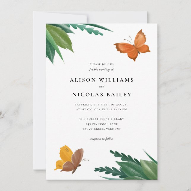 Invitación Boda de follaje verde de mariposas acuáticas (Anverso)