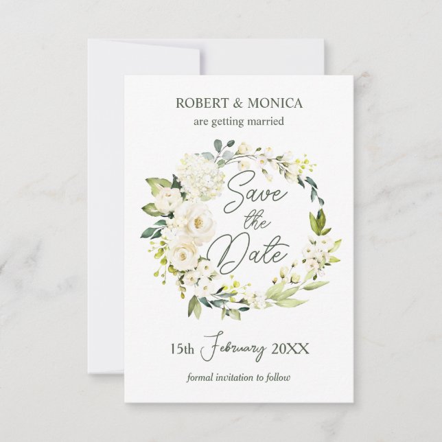Invitación Boda de follaje verde de rosas blancas salva la fe (Anverso)