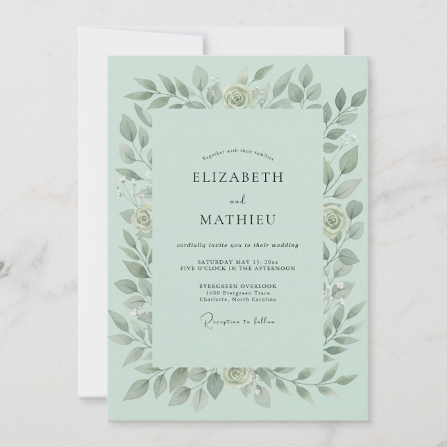 Invitación Boda de follaje verde menta pacífico (Anverso)