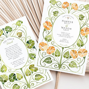 Invitación Boda de follaje verde naranja Art Nouveau