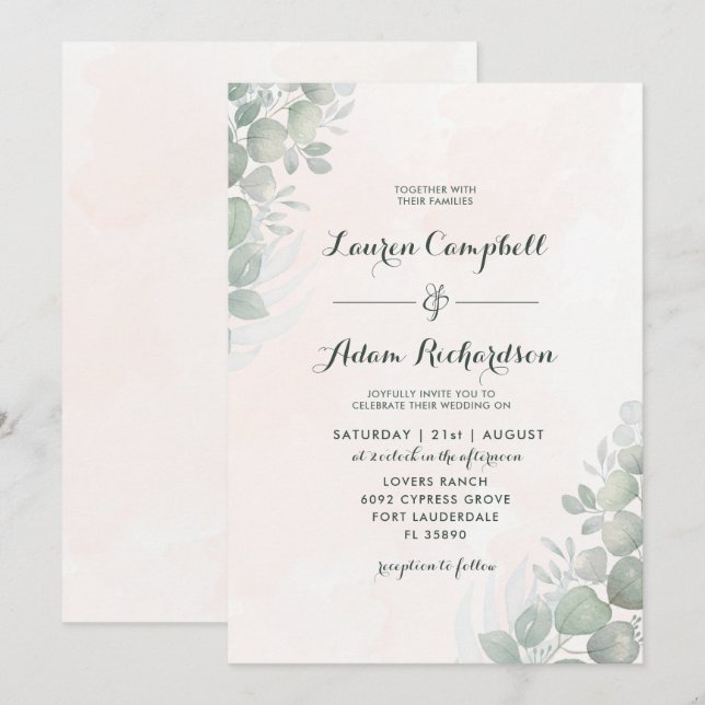 Invitación Boda de follaje verde y Naranja de eucalipto ruso (Anverso / Reverso)
