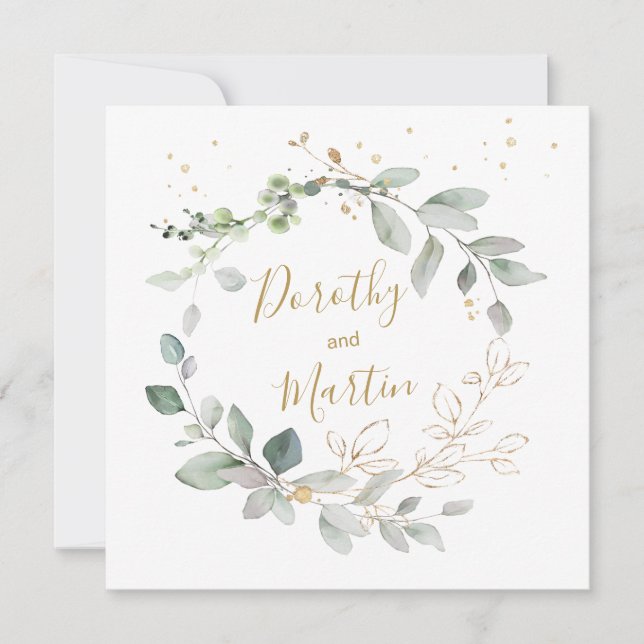 Invitación Boda de follaje verde y oro (Anverso)