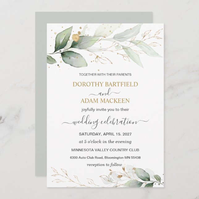 Invitación Boda de follaje verde y oro (Anverso / Reverso)