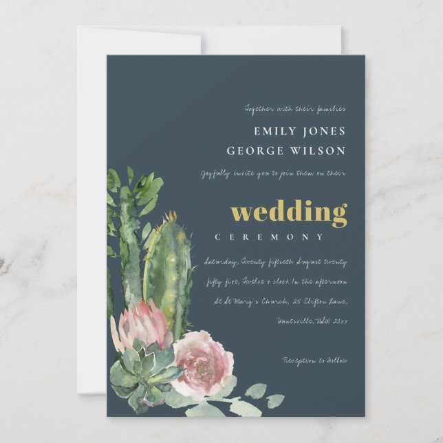 Invitación Boda DE FOLLETAS NAVY PINK FLORAL DESERT CACTI (Anverso)