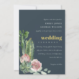 Invitación Boda DE FOLLETAS NAVY PINK FLORAL DESERT CACTI