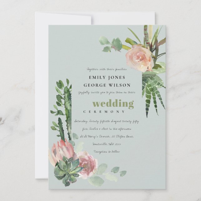 INVITACIÓN BODA DE FOLLETO DE CACTI DE DESIERTO GRIS PINK FLO (Anverso)