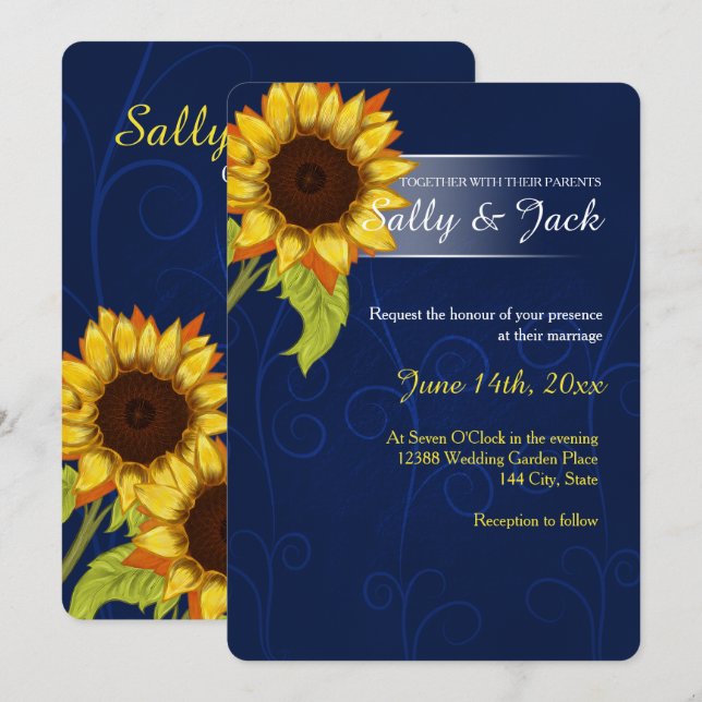 Invitación boda de fondo azul/girasol amarillo (Anverso / Reverso)
