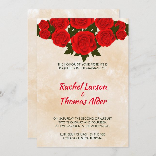 Invitación Boda de fondo beige y rosas rojas (Anverso / Reverso)