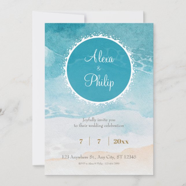 Invitación Boda de fondo de la playa, acuarela oceánica (Anverso)